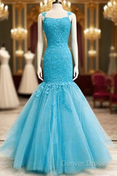 Mermaid Ice Blue Prom Dresses Lace Embroidery