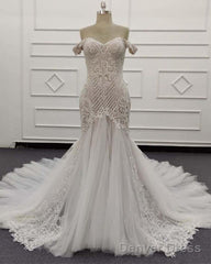Mermaid Ivory Lace Embroidery Tulle Wedding Dress