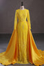 Mermaid Jewel Lace Sequined Floor Length Long Sleeve Detachable Train Elegant Prom Dresses