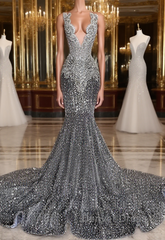 Mermaid Jewel Sequined Floor-length Sleeveless Appliques Lace Prom Dresses