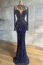 Mermaid Jewel With Side Train Floor Length Long Sleeve Beading Sequined Lace With Side Train Prom Dresses