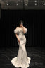 Mermaid Long Champagne Prom Dress Sequin Off The Shoulder Evening Dress With Feather