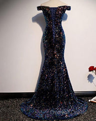 Mermaid Navy Blue Sequins Evening Dresses With Off The Shoulder Top Prom Dresses Formal Dresses