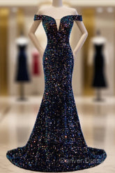 Mermaid Navy Blue Sequins Evening Dresses With Off The Shoulder Top Prom Dresses Formal Dresses