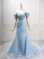 Mermaid Off Shoulder Satin Blue Long Prom Dresses, Blue Long Evening Dresses