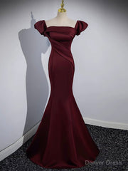 Mermaid off Shoulder Satin Burgundy Long Prom Dress, Burgundy Formal Dress