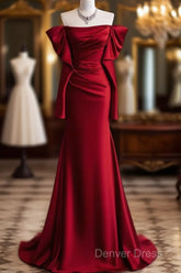 Mermaid Off The Shoulder Burgundy Long Satin Prom Dresses