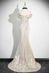 Mermaid Off The Shoulder Floor Length Prom Dress, Shiny Champagne Evening Party Dress