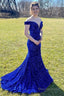 Mermaid Off the Shoulder Royal Blue Sequins Long Prom Dresses with Sweep Train