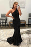 Mermaid One Shoulder Black Sequins Prom Dresses