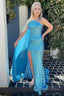 Mermaid One Shoulder Blue Sequins Long Prom Dresses with Split Front