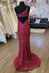 Mermaid One Shoulder Burgundy Sequins Long Prom Dresses with Split Front