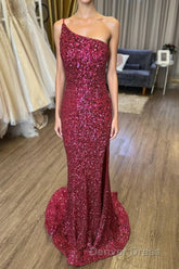 Mermaid One Shoulder Burgundy Sequins Long Prom Dresses with Split Front