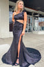 Mermaid One Shoulder Cut Out Black Sequins Long Prom Dresses