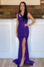 Mermaid One Shoulder Dark Purple Sequins Long Prom Dresses