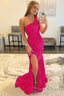 Mermaid One Shoulder Fuchsia Sequins Prom Dresses with Slit