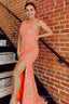 Mermaid One Shoulder Orange Sequins Long Prom Dresses with Split Front