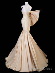Mermaid One Shoulder Satin Champagne Long Prom Dress, Champagne Long Evening Dress
