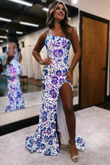 Mermaid One Shoulder Sequin Appliques Long Prom Dresses with Slit