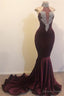 Mermaid Open Back Chic High Neck Silver Beads Appliques Prom Gown
