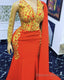 Mermaid Orange Prom Dresses Gold Lace Long Sleeves