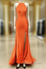 Mermaid Orange Prom Dresses Halter Neck Split