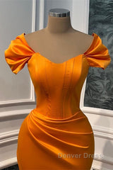 Mermaid Orange Satin Cap Sleeve Slit Dresses