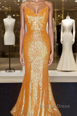 Mermaid Orange Sequin V Neck Dresses