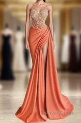 Mermaid Peach Prom Dresses Appliques With Slit