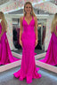 Mermaid Pink V Neck Backless Satin Long Prom Dresses