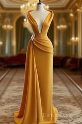 Mermaid Prom Dresses Deep Neck Sexy Satin Evening Dresses Cheap Sweep Cocktail Dresses