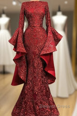 Mermaid Red Long Prom Dresses, Sequin Formal Dresses