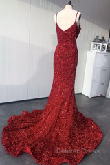 Mermaid Red Spaghetti Straps Velvet Sequin Prom Dresses