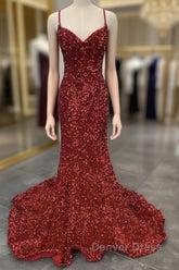 Mermaid Red Spaghetti Straps Velvet Sequin Prom Dresses