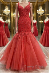 Mermaid Red Tulle Lace Long Prom Dresses, Mermaid Red Formal Dresses, Red Lace Evening Dresses