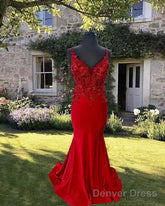Mermaid Red V-Neck Satin Dress With 3D Flowers