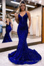 Mermaid Royal Blue Spaghetti Straps Sequins Long Prom Dresses