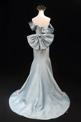 Mermaid Satin Floor Length Prom Dresses, Blue Off The Shoulder Evening Party Dresses