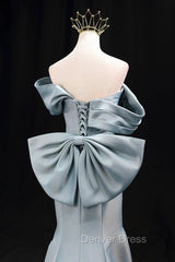 Mermaid Satin Floor Length Prom Dresses, Blue Off The Shoulder Evening Party Dresses