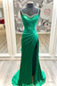 Mermaid Satin Long Prom Dress, Green Satin Prom Dresses with Beaded