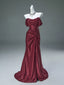 Mermaid Satin Off Shoulder Sweep Train Burgundy Prom Dresses