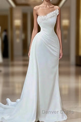 Mermaid Satin Wedding Dresses Long Strapless Dresses With Pearls