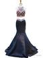 Mermaid Scoop Beaded Backless Black Two Piece Prom Dresses