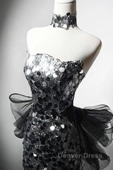 Mermaid Sequin Tulle Black Long Prom Dresses, Black Long Formal Dresses