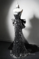 Mermaid Sequin Tulle Black Long Prom Dresses, Black Long Formal Dresses