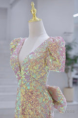 Mermaid Sequins Long Prom Dress, V-Neck Short Sleeve Evening Dress