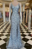 Mermaid Silver Sequin Prom Dresses V-Neck Long Formal Gown Slit