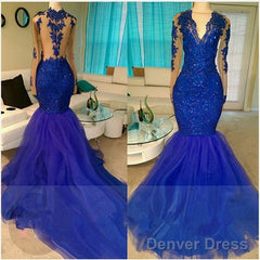 Mermaid Sleeveless Lace Tulle Royal-Blue Prom Dress