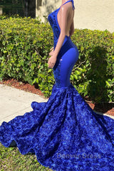 Mermaid Spaghetti strap Appliques Lace Sequined Open Back Floor-length Sleeveless Prom Dresses