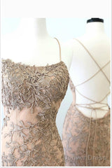 Mermaid Spaghetti Straps Applique Lace Prom Dresses With Sweep Train